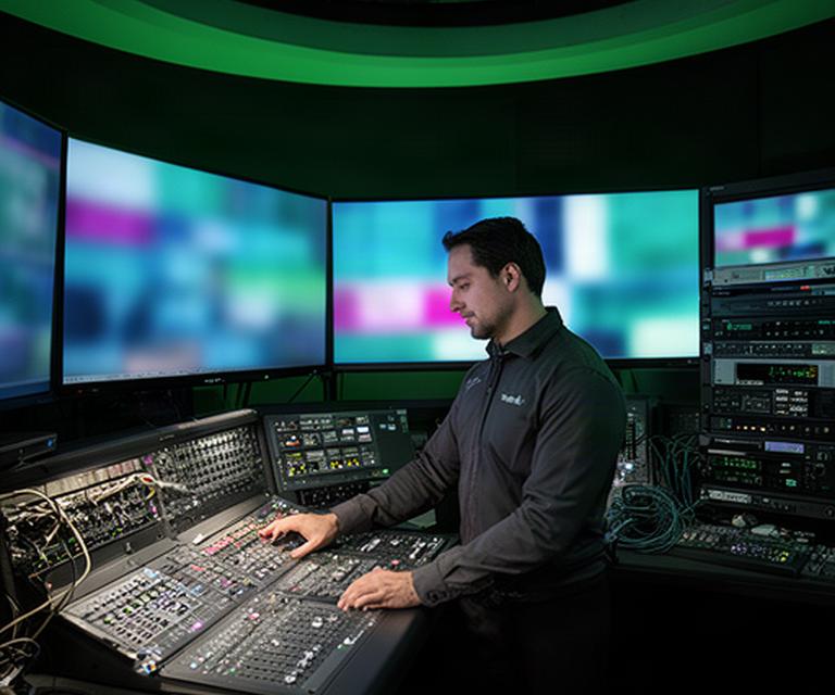 テレビスタジオの調整卓と大型モニターを確認する技術担当者の作業風景
